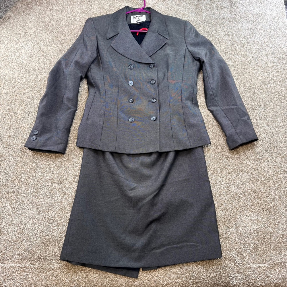 VTG Kasper Charcoal Gray Wool Blend Double Breasted Skirt Suit 8 Career Work